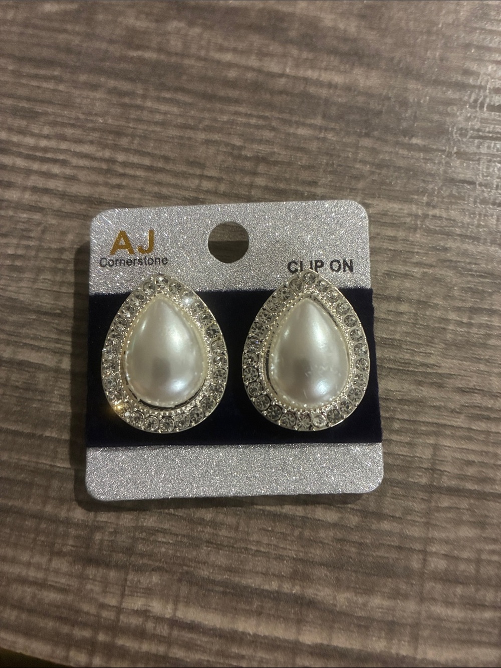 White Pearl Teardrop Clip-On Earrings with Rhinestone Halo